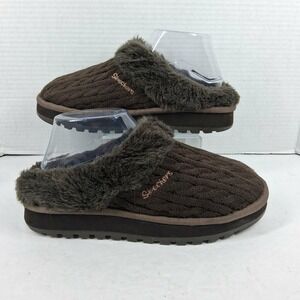 Skechers Womens Brown Cable Knit Faux Fur Clog Slippers 46346 Size 8